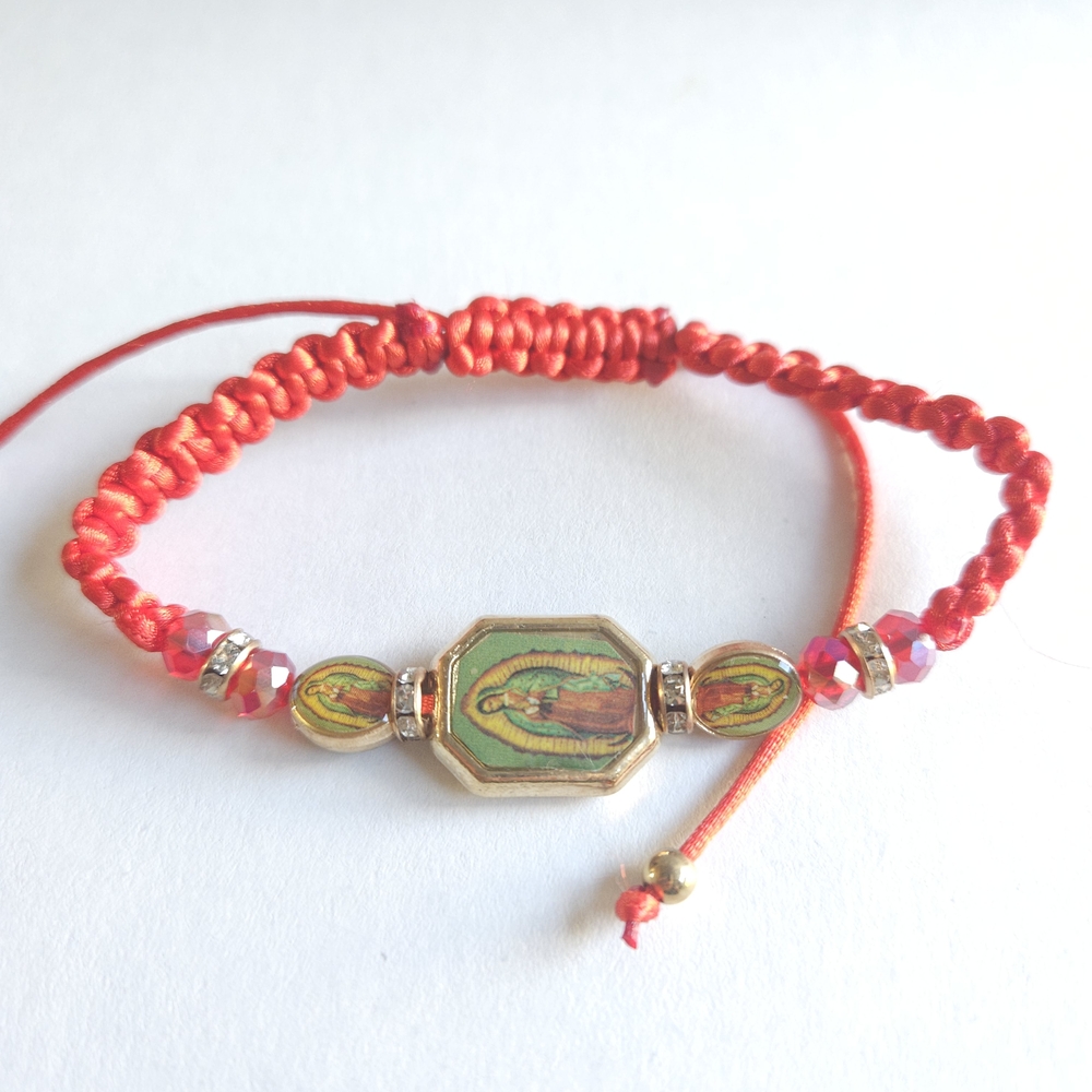 Red Beaded Bracelet with Religious Charm Virgen De Guadalupe